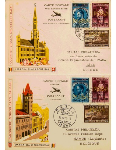 Bélgica, Aéreo. Sobre Yv 15/23A. 1948. Serie completa, dieciocho valores. Perforación IMABA, sobre tres Tarjetas Postales dobl