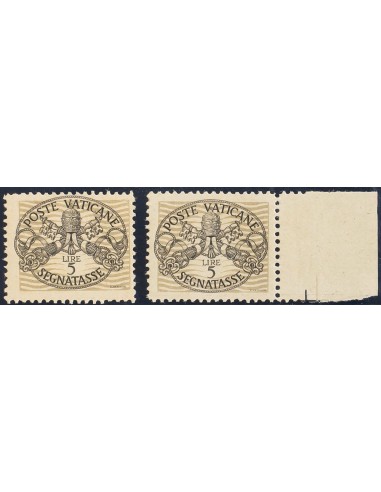 Vaticano, Tasas. **Yv 12a, 12b. 1945. 5 liras gris, dos sellos. Variedad LINEAS DEL FONDO GRUESAS, en papel gris y en papel no