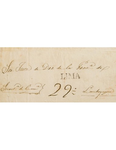 Perú, Prefilatelia. Sobre Yv . (1836ca). Frente de Plica Judicial de LIMA a LAMBAYEQUE. Marca LIMA, en negro (Colareta 14) y p