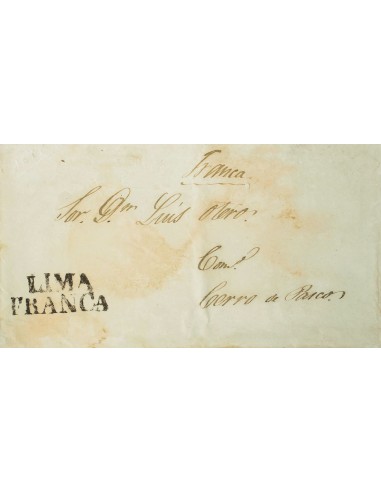 Perú, Prefilatelia. Sobre Yv . 1847. LIMA a CERRO DE PASCO. Marca LIMA / FRANCA (Colareta 17). MAGNIFICA Y RARA.