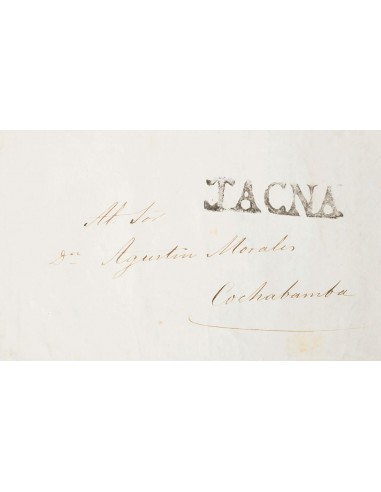 Perú, Prefilatelia. Sobre Yv . 1846. LONDRES a COCHABAMBA. Marca TACNA, en negro, aplicada en tránsito. MAGNIFICA Y RARA, NO C