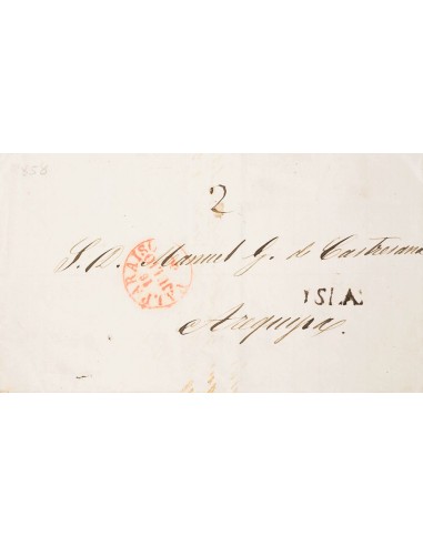 Perú, Prefilatelia. Sobre Yv . 1858. VALPARAISO a AREQUIPA. Marca VALPARAISO, en rojo y marca YSLAY, en negro, aplicada en trá
