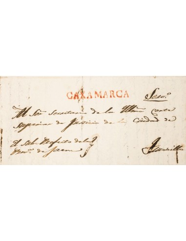 Perú, Prefilatelia. Sobre Yv . 1829. CAJAMARCA a TRUJILLO. Marca CAXAMARCA, en rojo (Colareta 1). MAGNIFICA.