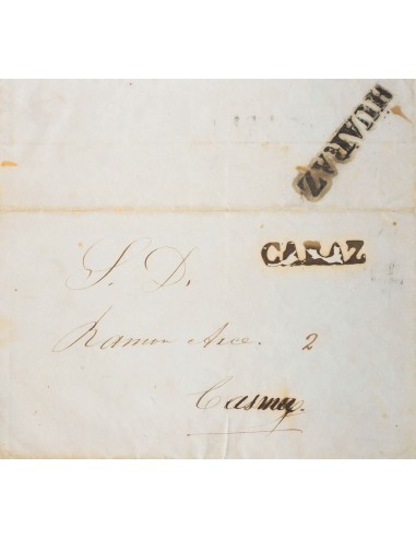 Perú, Prefilatelia. Sobre Yv . (1847ca). CARAZ a CASMA. Marca CARAZ (tinta erosionada), en negro (Colareta 1), al dorso marca