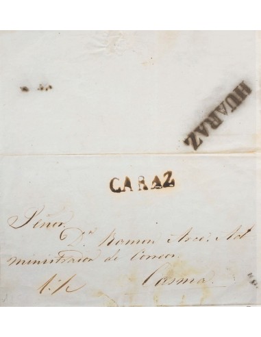 Perú, Prefilatelia. Sobre Yv . (1847ca). CARAZ a CASMA. Marca CARAZ (tinta erosionada), en tinta de escribir (Colareta 1), al
