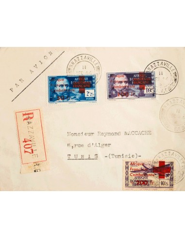 Africa Ecuatorial Francesa. Sobre Yv 165/66, A29. 1944. 5 c y Aéreo + 200 fr sobre 10´75 fr violeta. Certificado de BRAZZAVILL