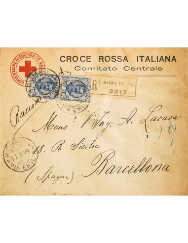 Italia. Sobre Yv 184(2). 1929. 1´25 liras azul y ultramar, dos sellos. Sobre Preimpreso de la Croce Rossa Italiana Certificado