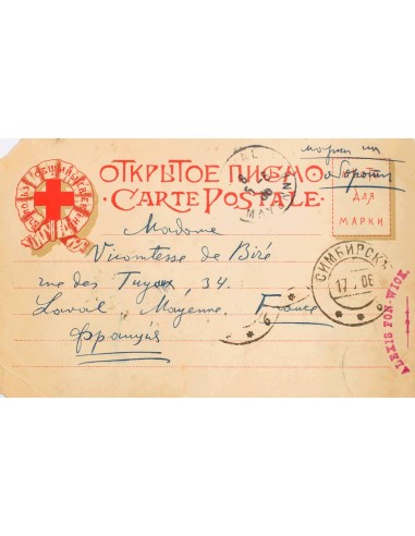 Rusia. Sobre Yv 41. 1906. 4 k rosa. Tarjeta Postal de la Cruz Roja de SIMBIRSK a LAVAL (FRANCIA). En el frente llegada. MAGNIF