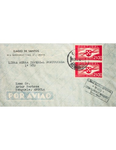 Portugal. Sobre Yv 3(2). 1946. 2´50 escudos rosa oscuro, pareja. LISBOA a BENGUELA (ANGOLA). En el frente, marca 1º V00 / LISB