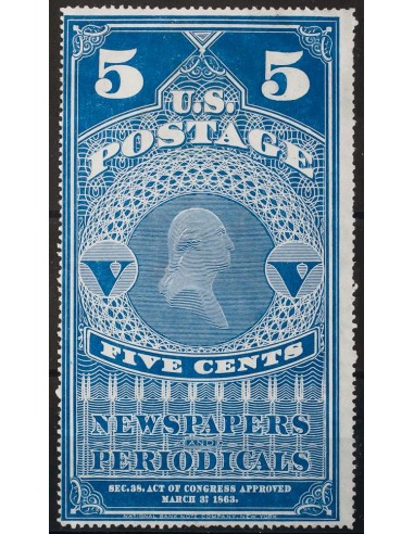 Estados Unidos, Periódicos. (*)Yv 1. 1865. 5 cts azul, Reimpresión de 1875 (manchitas del tiempo). BONITO Y RARO.