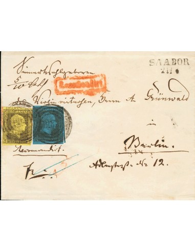 Prusia. Sobre Yv 12, 13. (1858ca). 2 sgr azul y 3 sgr amarillo. Certificado de SAABOR (actual POLONIA) a BERLIN. Matasello num
