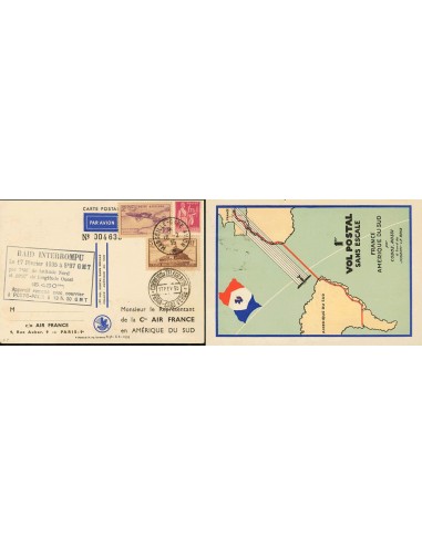 Francia. Sobre 260, 289, Aéreo 7. 1935. 1´75 fr rosa, 5 fr castaño y 2´25 fr lila. Tarjeta Postal del 1º VUELO POSTAL SIN ESCA