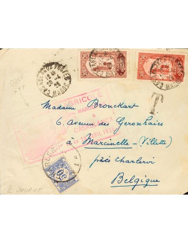 Marruecos Francés. Sobre Yv 105, 107. 1925. 20 cts lila y 30 cts rojo. Frontal de CASABLANCA a MARCINELLE (BELGICA). En el fre