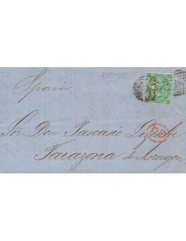 Gran Bretaña. Sobre Yv 31. 1865. 1 sh verde Plancha 4. Impreso de LONDRES a TARAZONA (ESPAÑA, ARAGON), circulado por vía terre