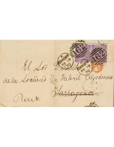 Gran Bretaña. Sobre Yv 34(2). 1870. 6 p violeta Plancha 8, dos sellos (uno sello con defecto en una esquina, en origen). CARDI