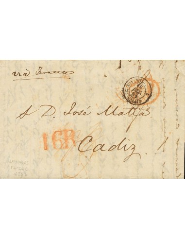 Gran Bretaña. Sobre Yv . 1857. LONDRES a CADIZ (circulada vía Francia). Porte manuscrito 1/3 (prepagado) y "16 R" (reales) apl