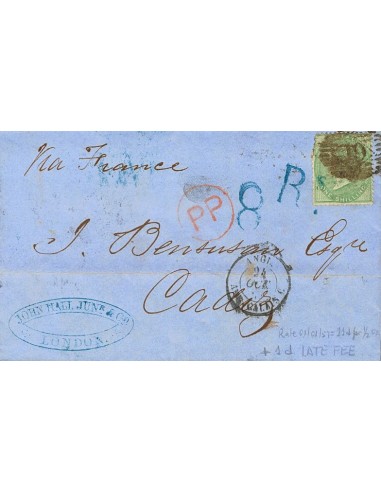 Gran Bretaña. Sobre Yv 20. 1857. 1 sh verde (pequeño defecto en la esquina superior izquierda). LONDRES a CADIZ, circulada vía