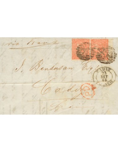 Gran Bretaña. Sobre Yv 32(2). 1866. 4 p rojo Plancha 8, pareja (doblez de archivo). LONDRES a CADIZ, circulada vía Francia. En
