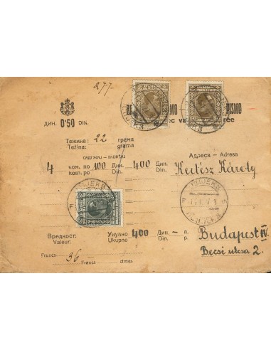 Yugoslavia. Sobre Yv 171(2), 173. 1927. 50 p sepia, dos sellos y 2 d gris negro. Valor Declarado de OSIJEK a BUDAPEST (HUNGRIA