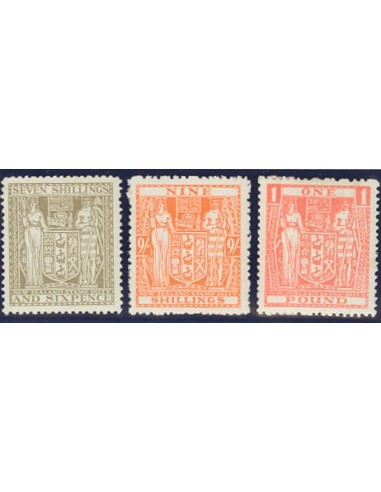 Nueva Zelanda, Fiscal. *Yv 34, 36, 40. 1931. 7/6 sh gris, 9 sh naranja y 1 Libra rosa. MAGNIFICOS. Yvert 2008: 250 Euros.