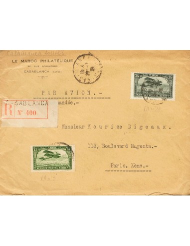 Marruecos Francés, Aéreo. Sobre Yv 5, 11. 1926. 75 cts verde y 3 fr negro. Certificado de CASABLANCA a PARIS (FRANCIA). Al dor