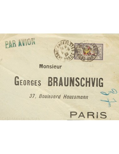 Marruecos Francés. Sobre Yv 52. 1929. 2 fr sobre 2 fr violeta. Correo Aéreo de CASABLANCA a PARIS (FRANCIA). MAGNIFICA.