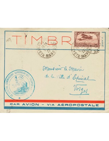 Marruecos Francés, Aéreo. Sobre Yv 6. 1929. 80 cts lila castaño. Correo Aéreo de RABAT a EPINAL (FRANCIA). En el frente marca