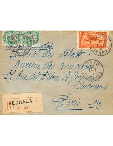 Marruecos Francés. Sobre Yv 40(2), Aéreo 7a. 1923. 5 cts sobre 5 cts verde, dos sellos y 1 fr naranja (Tipo I). Certificado de