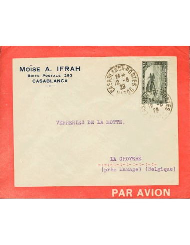 Marruecos Francés, Aéreo. Sobre Yv 11. 1929. 3 fr negro. Correo Aéreo de CASABLANCA a LA CROYERE (BELGICA). MAGNIFICA.