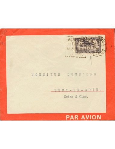 Marruecos Francés, Aéreo. Sobre Yv . 1928. 2 fr violeta oscuro. Correo Aéreo CASABLANCA a SUCY EN BRIE (FRANCIA). Al dorso lle