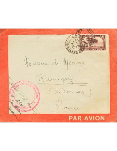 Marruecos Francés. Sobre Yv 6. 1928. 80 cts castaño lila. MEKNES a RUMIGNY (FRANCIA). En el frente marca de franquicia 26º ESC