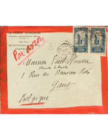 Marruecos Francés. Sobre Yv 106(2). 1925. 25 cts azul, seis sellos (cuatro al dorso). CASABLANCA a GANTE (BELGICA) (sobre Prec