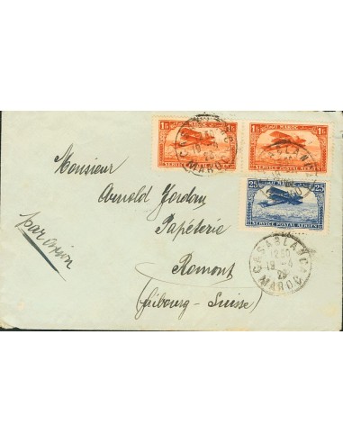 Marruecos Francés, Aéreo. Sobre Yv 2, 7a(2). 1928. 25 cts azul y 1 fr naranja (Tipo III), dos sellos. Correo Aéreo de CASABLAN