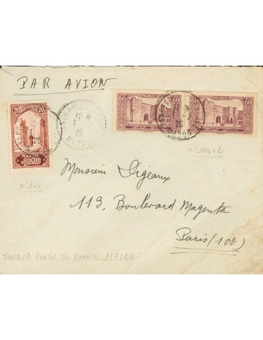Marruecos Francés. Sobre Yv 105, 114(2). 1926. 20 cts lila y 60 cts lila, dos sellos. Correo Aéreo de TANGER a PARIS. MAGNIFIC