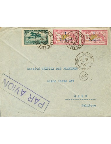 Marruecos Francés. Sobre Yv 51(2), Aéreo 3. 1926. 1 fr sobre 1 fr borgoña y oliva, dos sellos y 50 cts azul verde. CASABLANCA