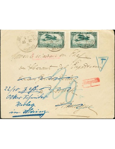 Marruecos Francés, Aéreo. Sobre Yv 3(2). 1928. 50 cts azul verde, dos sellos. MARRAKECH a POSSNECK (ALEMANIA), reexpedida a HA