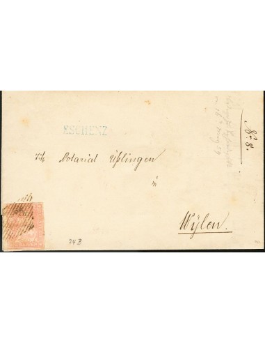Suiza. Sobre Yv 28. 1857. 15 r rosa. EXCHENZ a WYLEN. En el frente marca lineal ESCHENZ, en azul. MAGNIFICA.