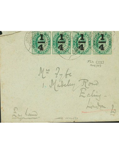 India Británica. Sobre Yv . 1906. ¼ sobre ½ a verde, tira de cuatro. JHANG a LONDRES. Al dorso llegada. MAGNIFICA Y RARO FRANQ