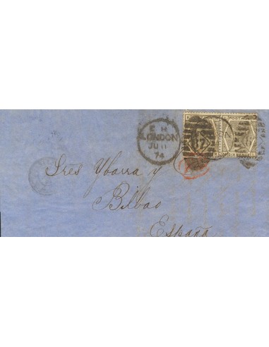 Gran Bretaña. Sobre Yv 52(2). 1874. 6 p gris oliva, pareja. LONDRES a BILBAO. MAGNIFICA.