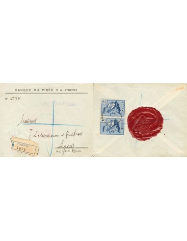 Grecia. Sobre Yv 386(2). (1930ca). 4 cl azul, dos sellos (franqueados al dorso). Certificado de ATENAS a LEEDS. MAGNIFICA.