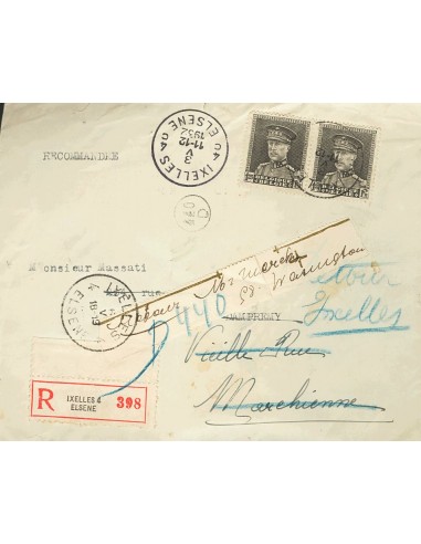Bélgica. Sobre Yv 318(2). 1932. 1´25 fr gris negro, dos sellos. Certificado de IXELLES a MARCHIENNE AUPONT, devuelta al remite