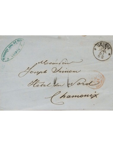 Suiza, Prefilatelia. Sobre Yv . 1861. GINEBRA a CHAMONIX. Fechador GENEVE y SUISSE / SALLANCHES, de entrada en Suiza, en rojo.