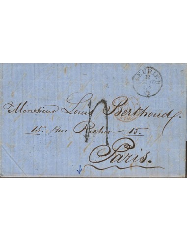 Suiza, Prefilatelia. Sobre Yv . 1862. FLEURIER a PARIS. Fechador FLEURIER / + y SUISSE / 3 / PONTARLIER, de entrada en rojo y