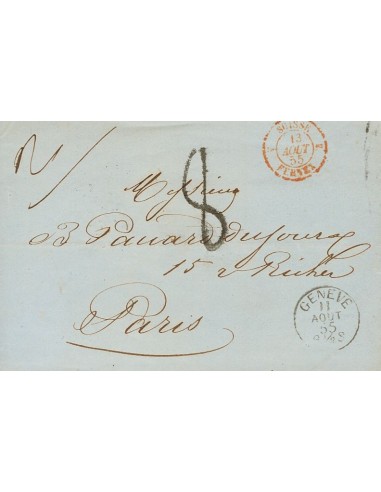 Suiza, Prefilatelia. Sobre Yv . 1855. GINEBRA a PARIS. Fechador GENEVE y SUISSE / 4 FERNEX 4, de entrada en rojo. MAGNIFICA.