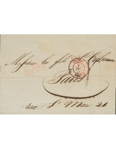 Suiza, Prefilatelia. Sobre Yv . 1850. GINEBRA a PARIS. Fechador GENEVE y SUISSE / 3 FERNEX 3, de entrada de Suiza, ambos en ro