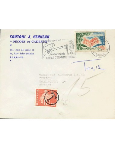 Suiza. Sobre Yv 645. 1965. 50 cts multicolor. PARIS a ZURICH. Tasada a la llegada con 15 cts, satisfecha con sello de Suiza de