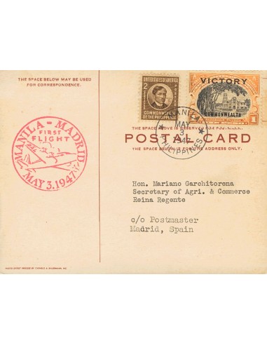 Filipinas, Intervención Norteamericana. Sobre Yv 319, 319G. 1947. 2 ctvos sepia y 1 peso naranja y negro. Tarjeta Postal de MA