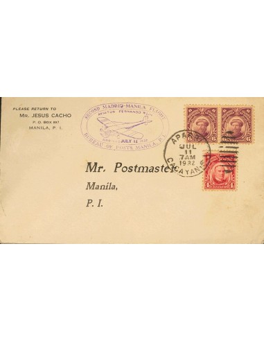 Filipinas, Intervención Norteamericana. Sobre Yv 205, 206(2). 1932. 4 ctvos rojo y 6 ctvos violeta, dos sellos. APARRI a MANIL