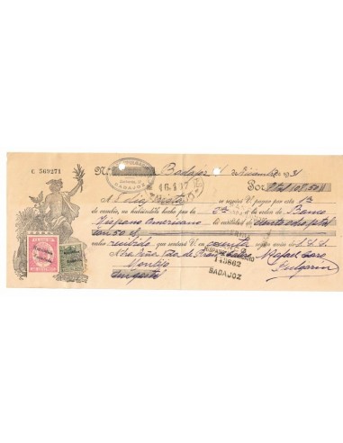 1931. Letra de cambio de Badajoz con timbre Clase 11 + Especial movil 15 cts, ambos habilitados República Española