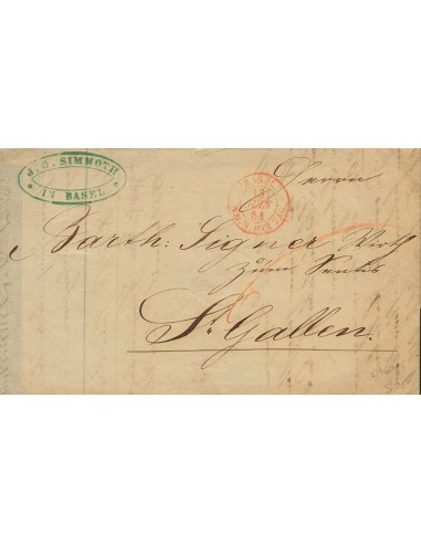 Suiza, Prefilatelia. Sobre Yv . 1851. BASILEA a SAINT GALLEN. Fechador BASEL / NACH MITTAG, en rojo y porteo manuscrito. MAGNI